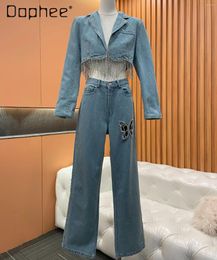 Women's Two Piece Pants Rhinestone Tassel Denim Suit Blue Jean Jacket For Women 2024 Spring Streetwear Diamonds Hollow Bow Straight Trousers