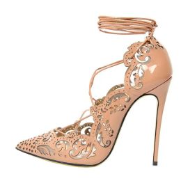 Patent Leather Carved Flowers High Heels Stiletto Heel Lace-up Floral Cut-out Pumps Wedding Shoes for Women Bride High Heels