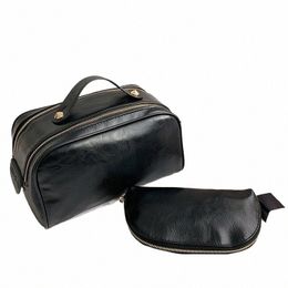 2pcs/set High Quality Leather Cosmetic Bag Women Large Travel Storage Bag Double Zipper Black Toiletry Bags Designer Makeup Bag 43Ox#