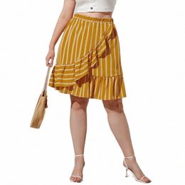 plus Size Elastic Waist Summer Elegant Floral Skirt Women Ruffle Trim Casual Midi Stripe Skirt Female Large Size Boho Skirt 7XL D5lb#