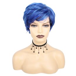 Wigs OUCEY Blue Short Wig Heat Resistant Fiber Synthetic Hair Wig Natural Wavy Cosplay Wigs for Women Pixie Cut Wig With Bangs