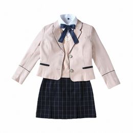 korean College Student Autumn Winter Suit Uniform Pink Suit Jacket Sweater Vest Grid Short Skirt Suits Girl School JK Dres c5l8#