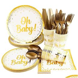 Party Decoration Oh Baby Gold Dot Disposable Tableware Set Boy Girl Shower Favor Gender Reveal Balloon Banner Kids Birthday Drop Deliv Dhweq