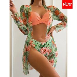 Bikini Set Women Three Pieces Swimsuit Cover Up Swimwear 2024 New Push Up Twist Print Long Sleeve Biquini Beach Bathing Suit