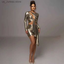 Urban Sexy Dresses Shiny Golden Prom Dress Sexy Short Mini Top+Party Evening Gown Casual Hot Girl Hollow Full Slves Robe T240330