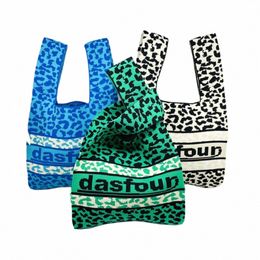 high-capacity Knit Handbag New Knit Leopard Print Tote Bag Knot Wrist Bag Women P4wY#