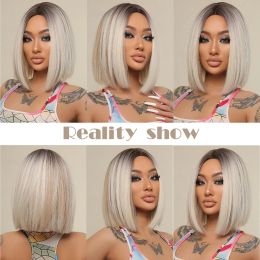 HENRY MARGU Short Bob Synthetic Wigs Ombre Black Brown White Natural Straight Wigs for Women Middle Part Daily Heat Resistant