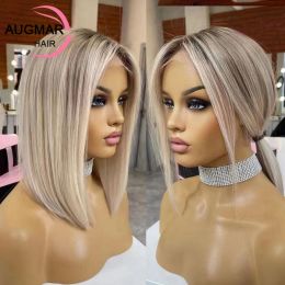13x4 Short Bob Highlight Wig Human Hair 13x6 HD Lace Frontal Wig Ash Blonde 360 Straight Lace Front Human Hair Wigs For Women