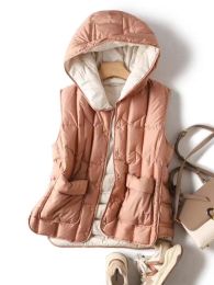 Lagabogy 2023 Winter Women 90%White Duck Down Vest Coat Hooded Female Light Puffer Jacket Stand Collar Single Breasted Waistcoat