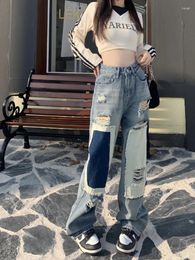 Women's Jeans Girls Fashion Boyfriend Contrast Stitching Baggy Ripped For Women Clothes Lady Blue Slouchy Streetwear Denim Pants 7899-1