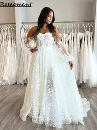 Illusion Floral Appliques Lace A-Line Wedding Dresses Off The Shoulder Long Sleeve Bridal Gowns