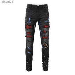 Men's Jeans Mens crystal elastic denim tight fitting jeans painted holes torn tapered pants street clothing patches black TrousersL2403