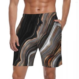 Men's Shorts Summer Gym Elegant Marble Sports Surf Black And Grey Printed Beach Hawaii Comfortable Trunks Big Size