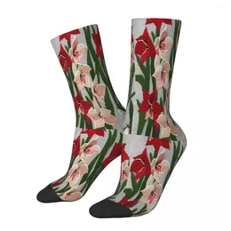 Men's Socks Red And White Amaryllis Embroidery Flowers Male Mens Women Summer Stockings Printed