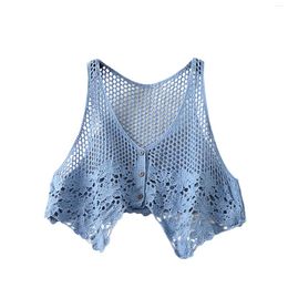 Women's Tanks Women Summer Crochet Vest Floral Embroidery Knit Cutout V Neck Button Sleeveless Cardigan For Streetwear