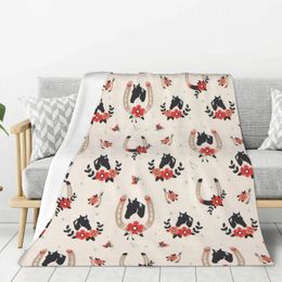 Blankets Horse Flower Black Blanket Warm Lightweight Soft Plush Throw For Bedroom Sofa Couch Camping