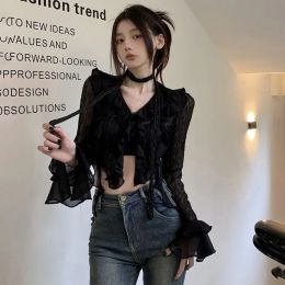 Y2k Crop Top Women Lace Blouses Sexy Gothic GrungeFemale Shirts Elegant Black Transparent Cardigan Korean Streetwear