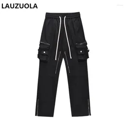 Men's Pants High Quality Luxury Multi Zipper Pocket Lace Up Wide Leg Cargo Black