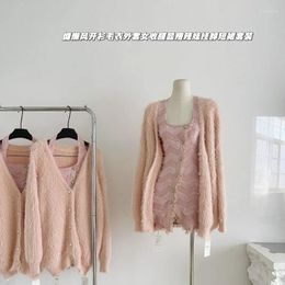Work Dresses Square Neck Sweet French-style Slouchy Skirt Set Autumn/winter Pink Single-breasted Suit Long Sleeve Outerwear Basic