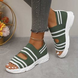 Sandals Striped Knitted Platform for Women Summer 2024 Roman Peep Toe Flat Woman Plus Size Breathable Mesh Walking Shoes H2403281FZI