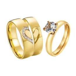 3pcs Love Heart Wedding Engagement Rings Couple Set for Men And Women Western CZ diamond African dubai 24k gold plated Jewellery