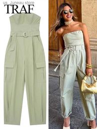 Women's Jumpsuits Rompers TRAF 2023 New Women Fashion Y2K Jumpsuit Solid Grn With Belt Slveless Grn Cargo Pants Loose Chic Female Clothing Strt T240330