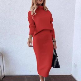 Work Dresses Women Fall Suit Set Top Skirt Elegant Women's High Collar Sweater With Long Sleeve Mid-calf Length For