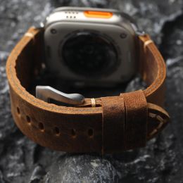 Vintage Tan Crazy Horse Leather Bracelet 42MM 44MM 45MM 49MM Suitable For Apple 6 7 S8 Ultra Thick Cowhide Watch Strap