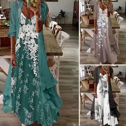 Summer Chiffon 2 Piece Set Dress Cardigan Women 3xl 4xl 5xl Party Long Dresses Elegant Vintage Robe Femme 240322