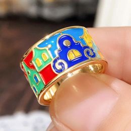 Huitan Creative Colored Housed Design Enamel Finger Ring for Women Gold Color Band Funny Girls Rings Gift Hip Hop Party Jewelry