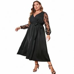 tie Waist Dr Elegant V-neck Embroidered Lace Mesh Midi Dr with Lg Sleeves Belt for Women High Waist Wrap Hem Plus Size e6Z2#