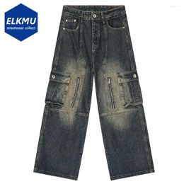 Men's Jeans Men Vintage Baggy Blue Loose Straight Denim Pants Multi Pocket Retro Trousers Male