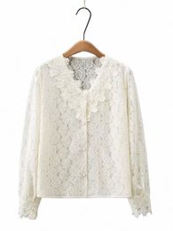 plus Size Women's Clothing New In Spring And Autumn Blouses V-Neck Lg-Sleeved Lace Blouse With Cut-Out Crochet Trims Shirt f3oz#