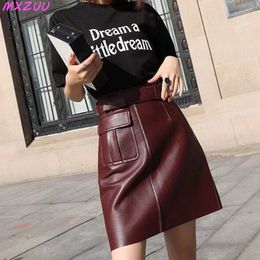 Autumn Vetement Femme Black/Red Wine Genuine Leather Skirt Women Sheepskin High Waist A-line Jupe Midi Belt Pocket Wrap Hip Saia