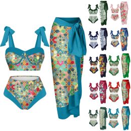 Women Tummy Control Swimsuit Vintage Colorblock Abstract Floral Print 2 Piece BikinI Set +1 Piece Cover UP 3 Piece Swimwear