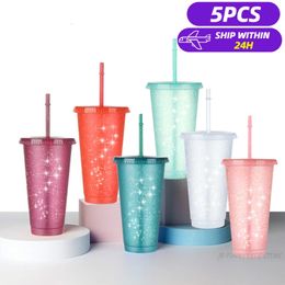 5PCS Flash Powder Water Bottles For Girl With Straw Reusable Hard Plastic Tumbler With lid Coffee Cup Drinkware Christmas Gift 240319