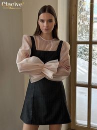 Work Dresses Clacive Fashion Slim Stripe Print 2 Piece Sets Women Outfit Bodycon Long Sleeve Shirt With Sleeveless Mini Set Female