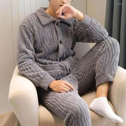 Home Clothing Lapel Homewear Coat Set Cozy Winter Plush Pajama With Elastic Waist Water Wave Texture Warm Pockets For Men