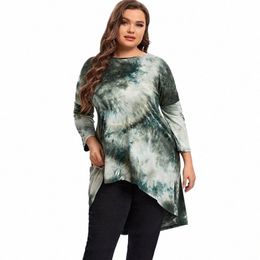 plus Size Lg Sleeve Elegant Tie Dye Tunic Tops Lg Loose Spring Autumn Hi Low Swing Blouse Plus Size Clothing Women 6XL 7XL 41wF#