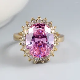 Cluster Rings 2024 Fashion Korean Personality Sun Flower CZ Pink Crystal Ring Charm Women Gold Plated Elegant Bride Wedding Jewellery