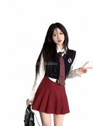 2024 new improved daily fi style korean women college style suit jk uniform tie shirt knit waistcoat skirt 3 piece set w235 L7FX#