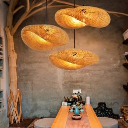 Hand Woven Bamboo Pendant Lights Ceiling Weaving Chandelier Lamp Rattan Wicker Hanging LED Fixtures Home Bedroom Bamboo Art Lamp