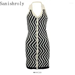 Casual Dresses Sexy Halter Stripe Knitted Dress Autumn Women Sleeveless Single-breasted Sweater Female Backless Tank Mini Bodycon