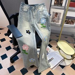 Women's Jeans Vinatge Women Floral Appliques Wide Leg Contrast Colir Pattern High Waist Straight Loose Denim Pants Female Casual Trouser