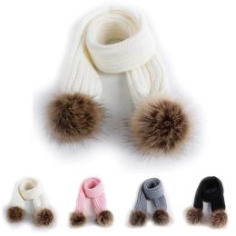 New Kids Scarf Faux Fur Pompom Winter Warm Children Toddler Scarves Outdoor Solid Color Knitted Baby Girl Boy Scarf