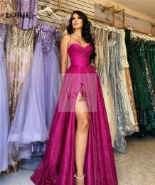 LORIE Hot Pink Spaghetti Straps Mermaid Evening Dresses Shiny Glitter Side Split Prom Gowns Corset Evening Party Dress