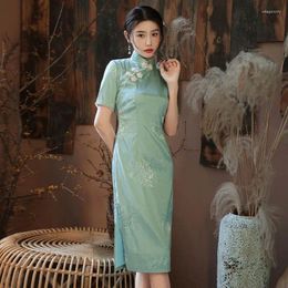 Ethnic Clothing 2024 Improved Chinese Qipao Long Printed Cheongsam Dress For Women Short Sleeve Sexy Elegant Party Casual Daily A398