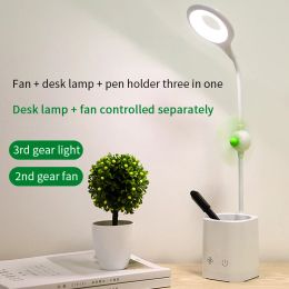 Bordslampa LED -skrivbord Touch Diming Study Desktop USB Light Raddbar nattljus liten fläktbordslampa med pennhållare barn gåva