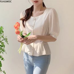 Cute Sweet Ruffled Peplum Tops Summer Korean Chic Japan Style Flhjlwoc Preppy Girls Semi Transparent Shirt Women Top Blouses