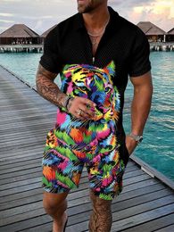 Vintage Hawaii Polo 2Pcs Sets 3D tiger print shirt 2pcs Zipper Set polo shirtShorts Holiday Style Fashion Man Clothing 240320